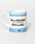 Mug with text 'Age and treachery will overcome youth and skill' quote from legendary cyclist Fausto Coppi, blue on a white background