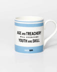 Mug with text 'Age and treachery will overcome youth and skill' quote from legendary cyclist Fausto Coppi, blue on a white background