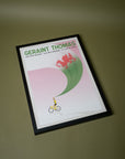 Geraint Thomas limited edition print, shown on a green background. Artwork by The Handmade Cyclist.