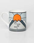 Mug with cyclist destination Sa Calobra. Design features mountain and sun on a white background