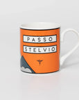 Mug with 'Passo Stelvio' design on an orange background