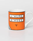 Mug with mountain design on an orange background, featuring the famous 21 hairpins of Alpe D'Huez