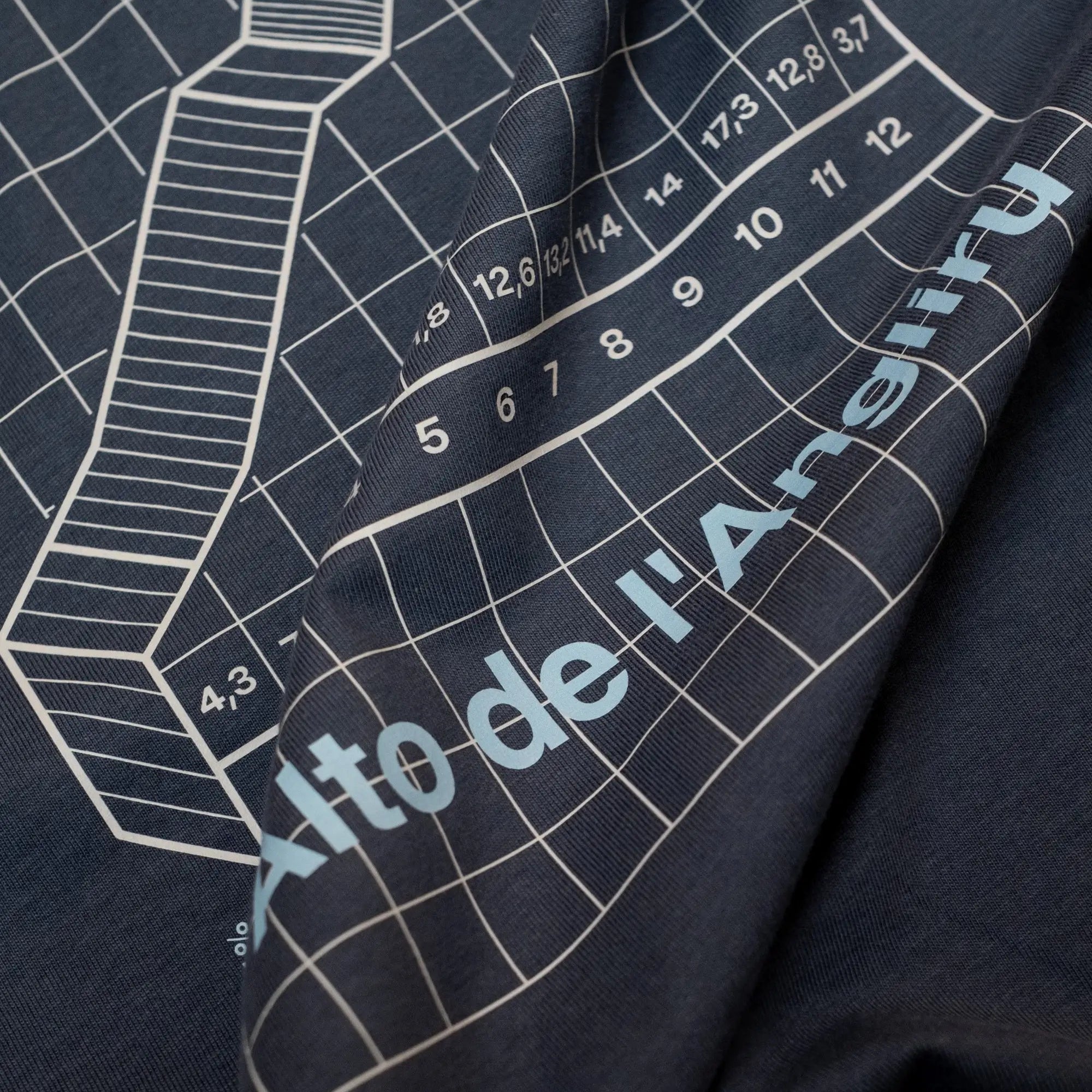 Navy Blue Climb Profiles t-shirt with Spanish cycling climb 'Alto de L'Angliru' rear graphic. By The Handmade Cyclist.