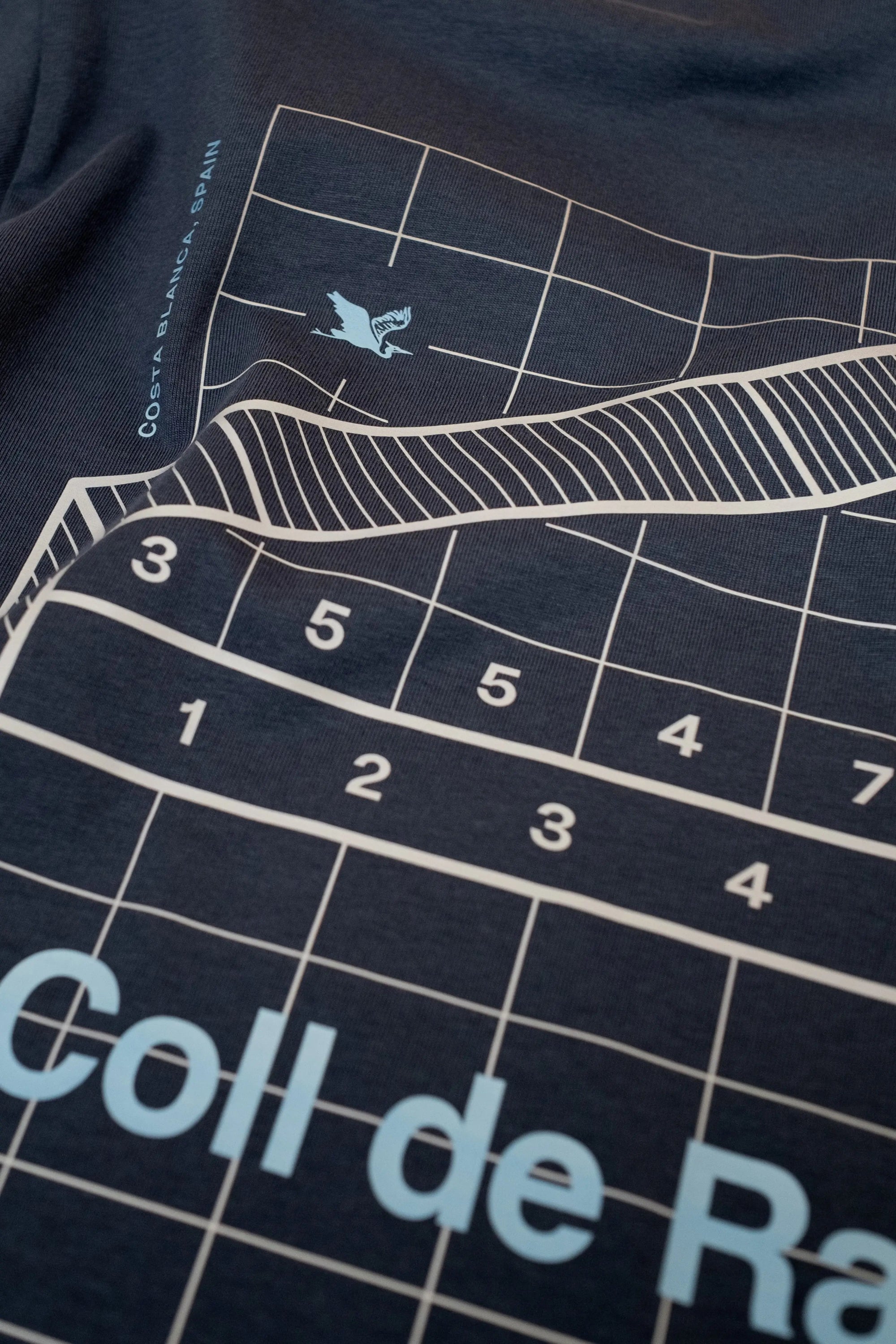 Navy blue Climb Profiles t-shirt with Spanish bicycle climb 'Coll de Rates' graphic. By The Handmade Cyclist.
