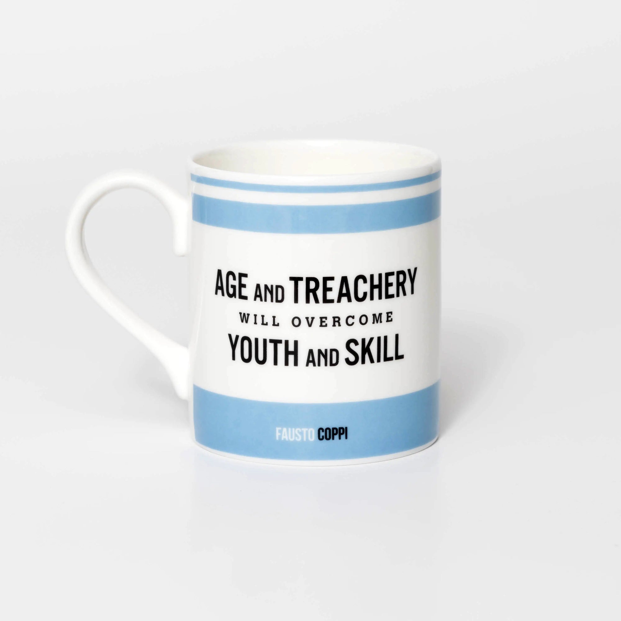 Mug with text 'Age and treachery will overcome youth and skill' quote from legendary cyclist Fausto Coppi, blue on a white background
