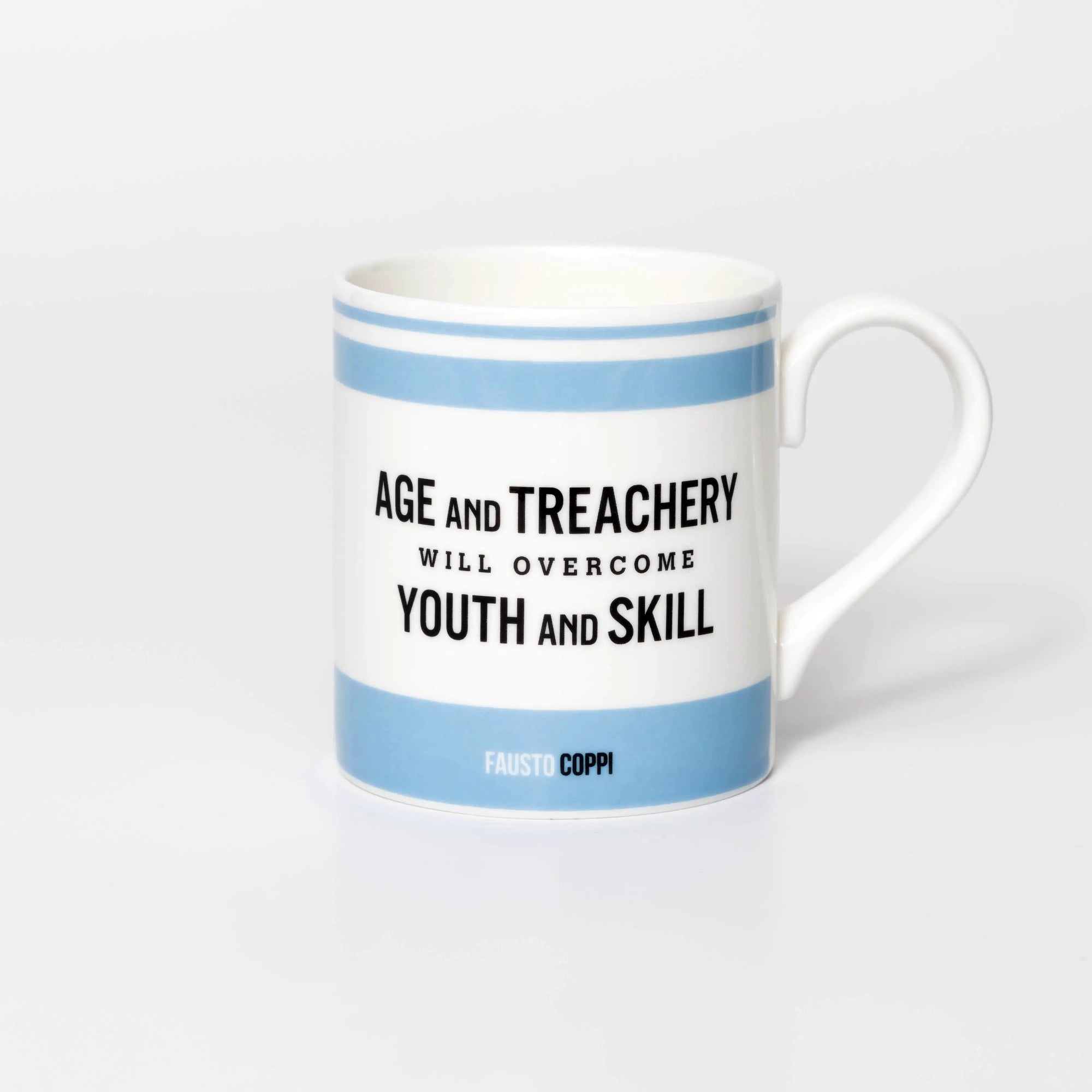 Mug with text 'Age and treachery will overcome youth and skill' quote from legendary cyclist Fausto Coppi, blue on a white background