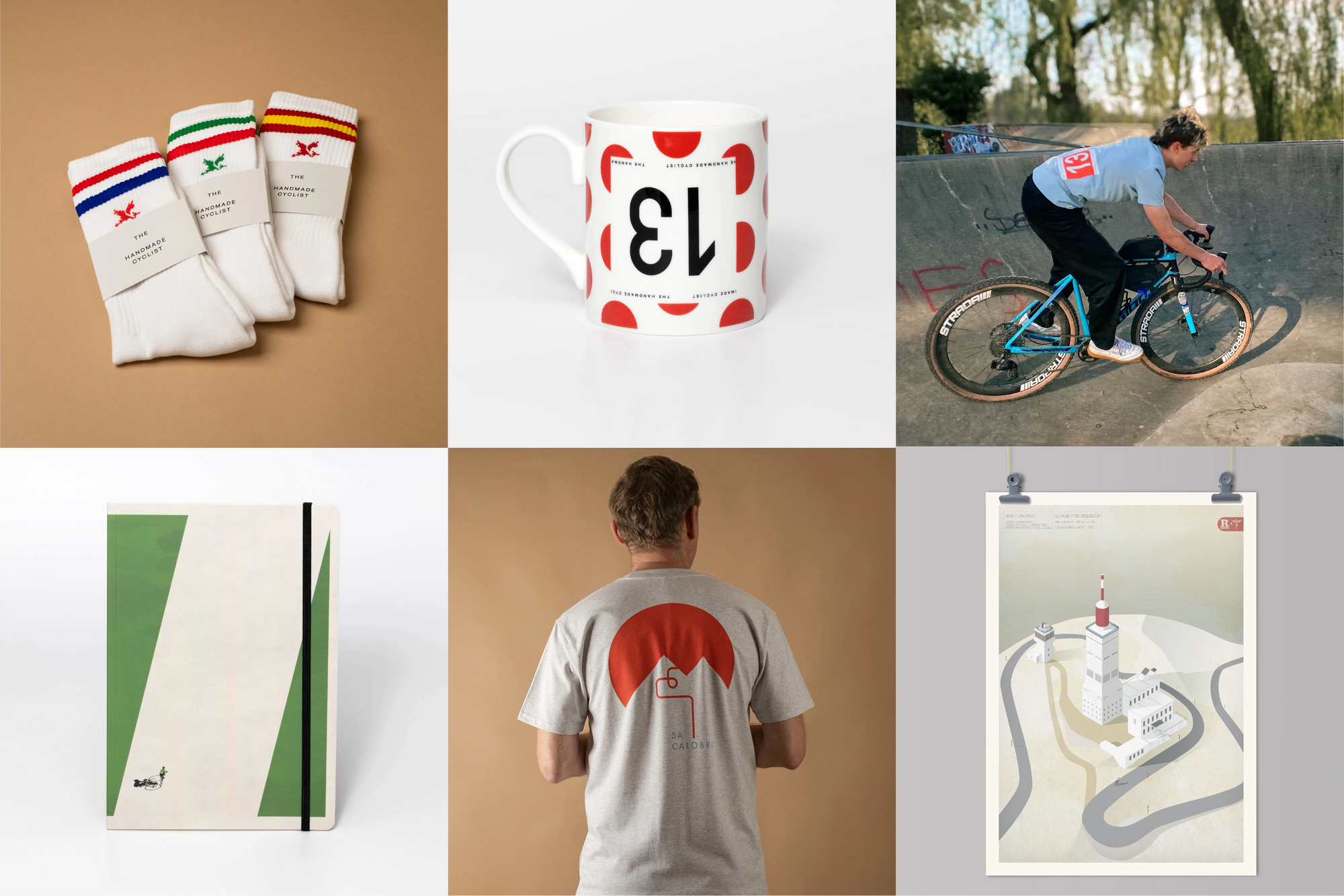 Collage of various products including socks, a mug, a t-shirt, and a art print that would all make great gifts for cyclists