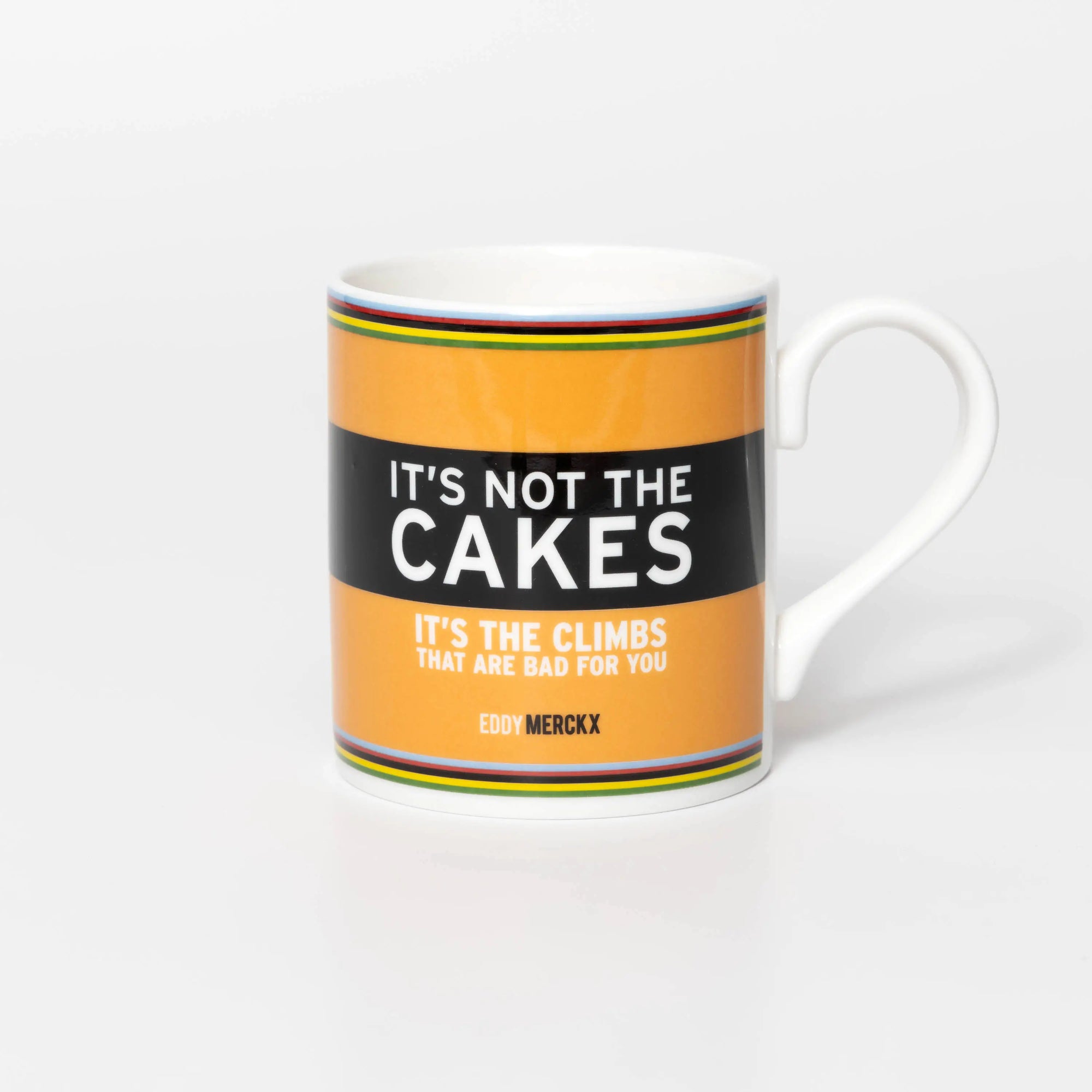 Mug with humorous quote from cycling legend Eddy Merckx design on a white background