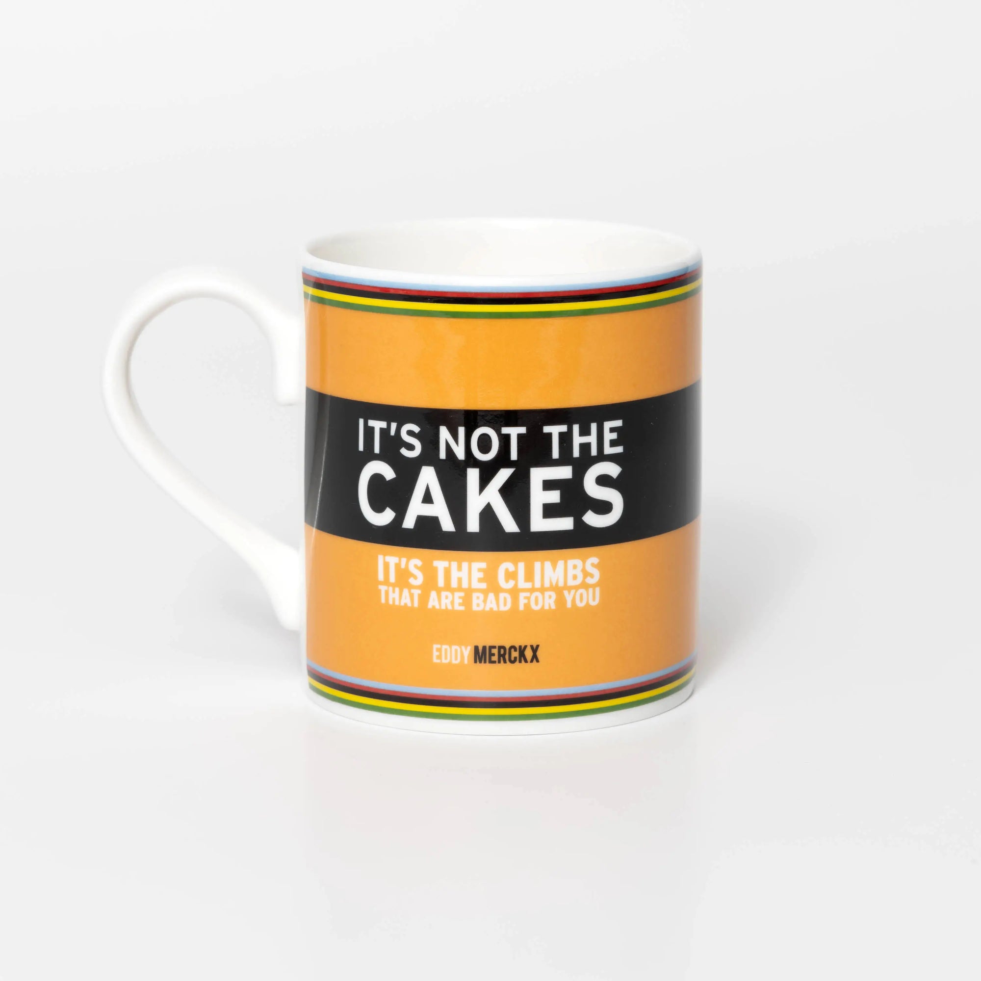 Mug with humorous quote from cycling legend Eddy Merckx design on a white background