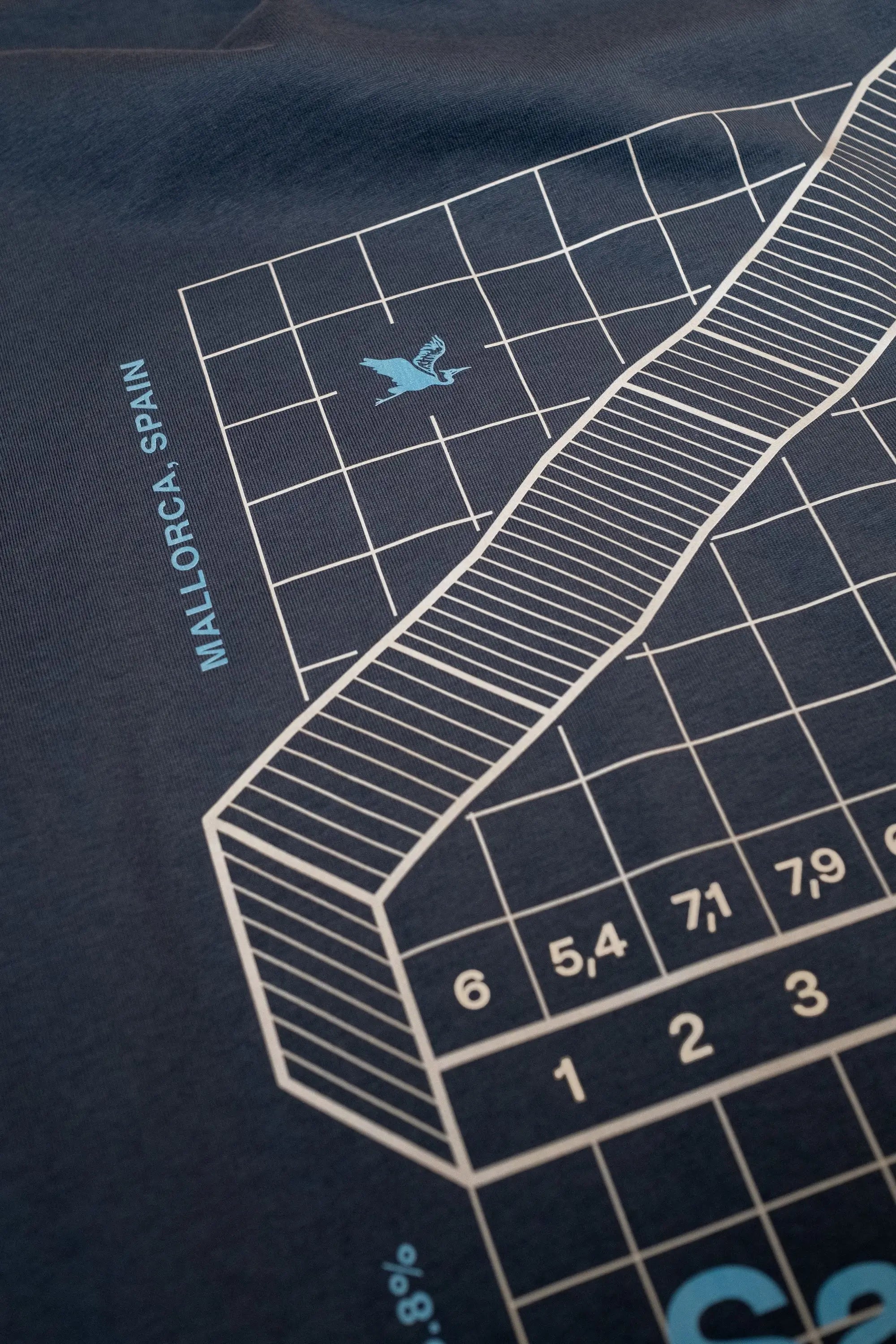 Navy Blue Climb Profiles t-shirt with Majorca's cycling climb Sa Calobra graphic, by The Handmade Cyclist.