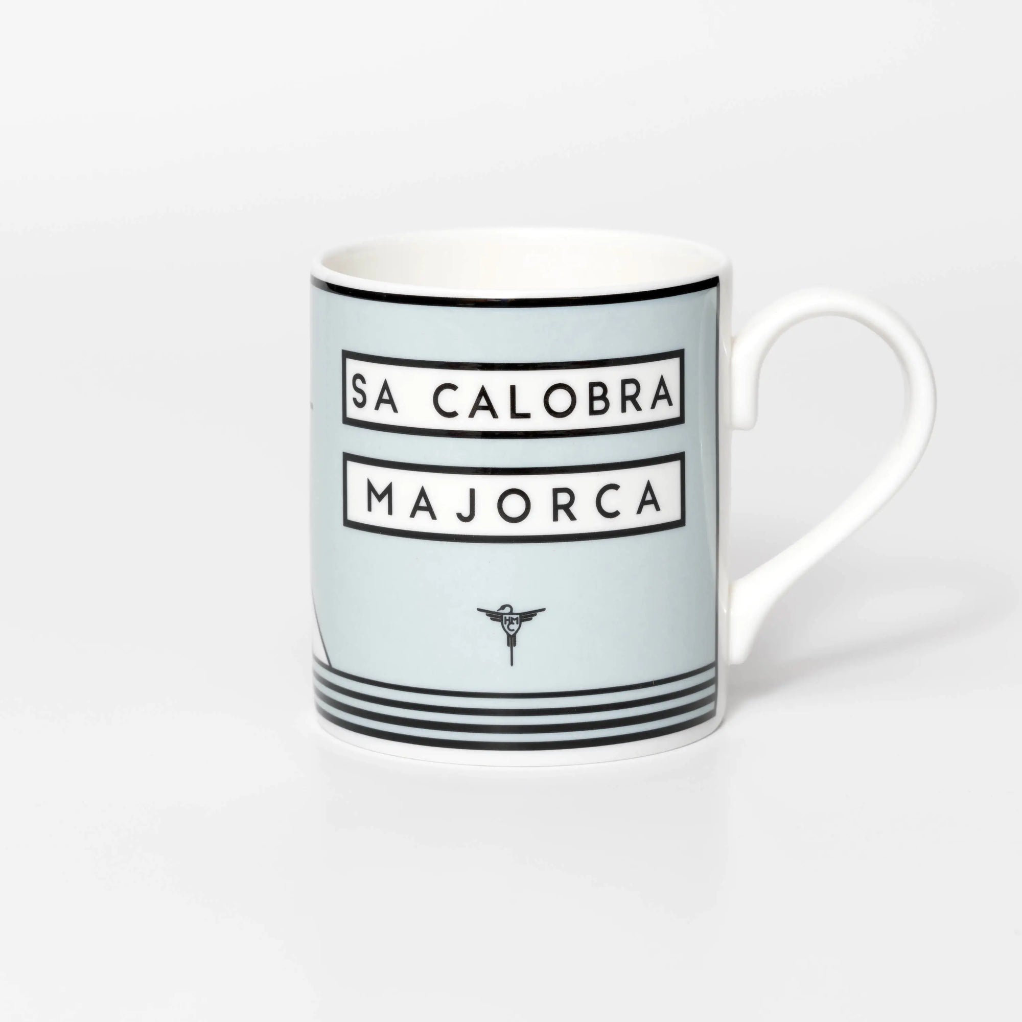 Mug with cyclist destination Sa Calobra. Design features mountain and sun on a white background