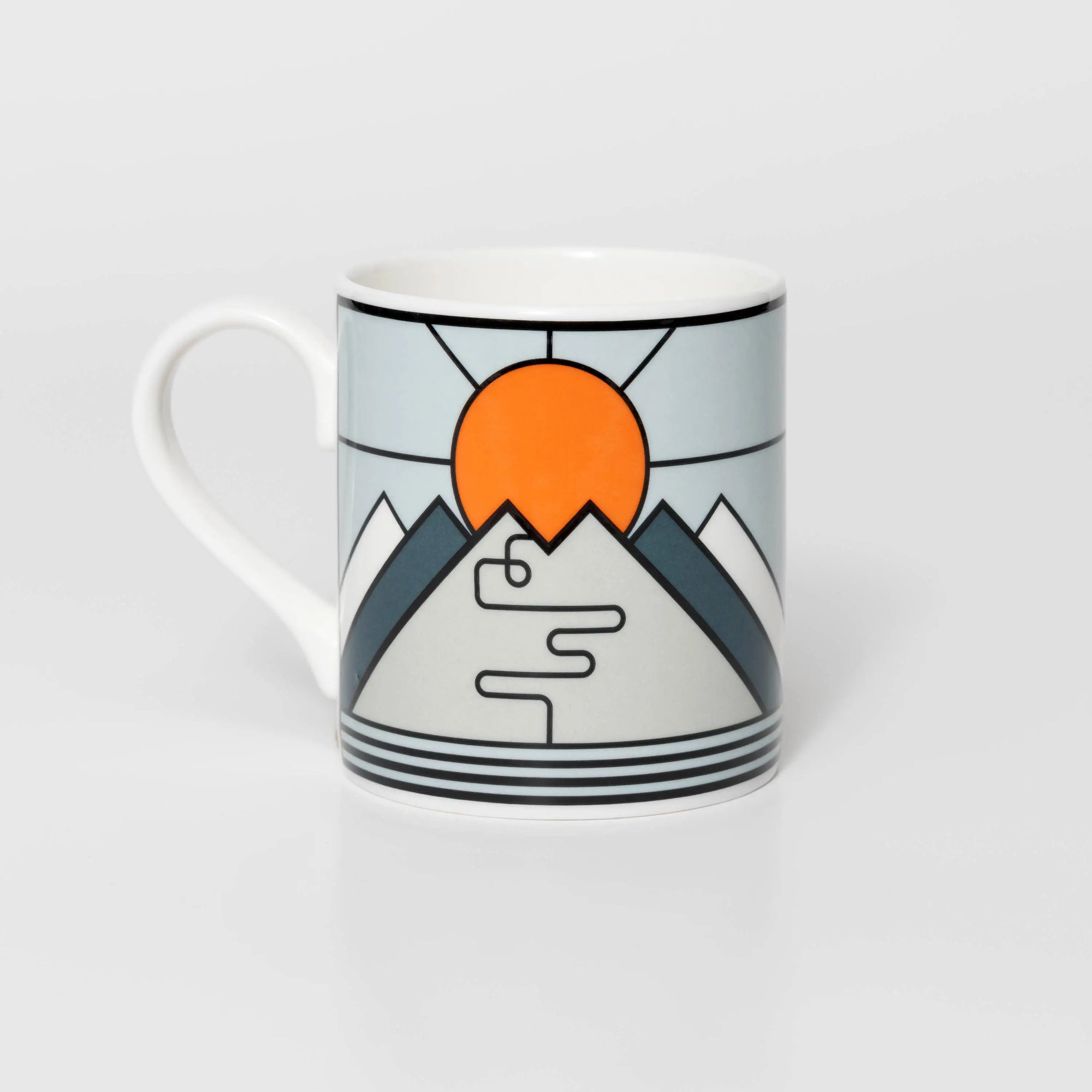 Mug with cyclist destination Sa Calobra. Design features mountain and sun on a white background