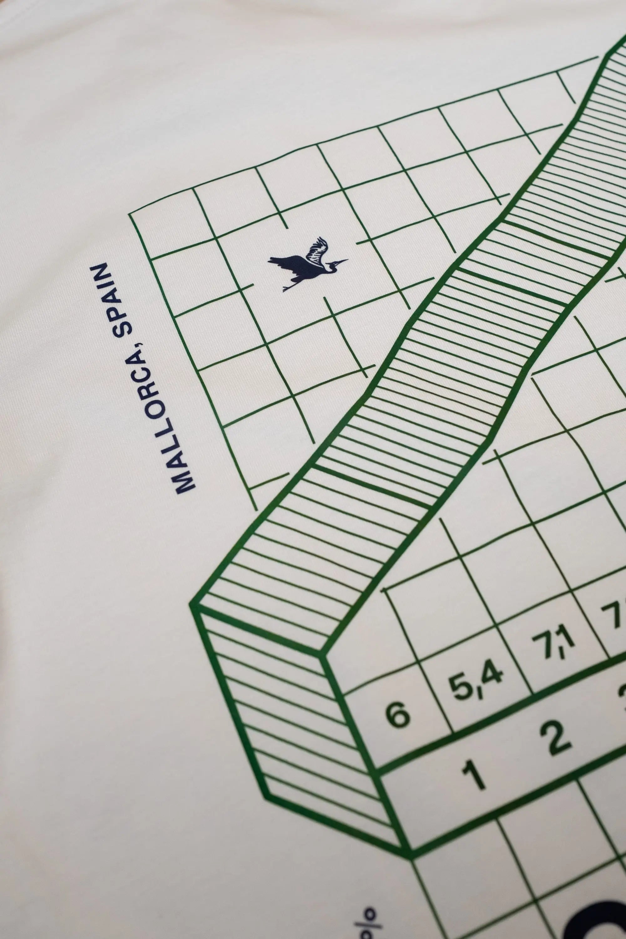 Close-up of white Climbs Profiles T-shirt with cycling climb 'Sa Calobra' graphic, by the Handmade Cyclist