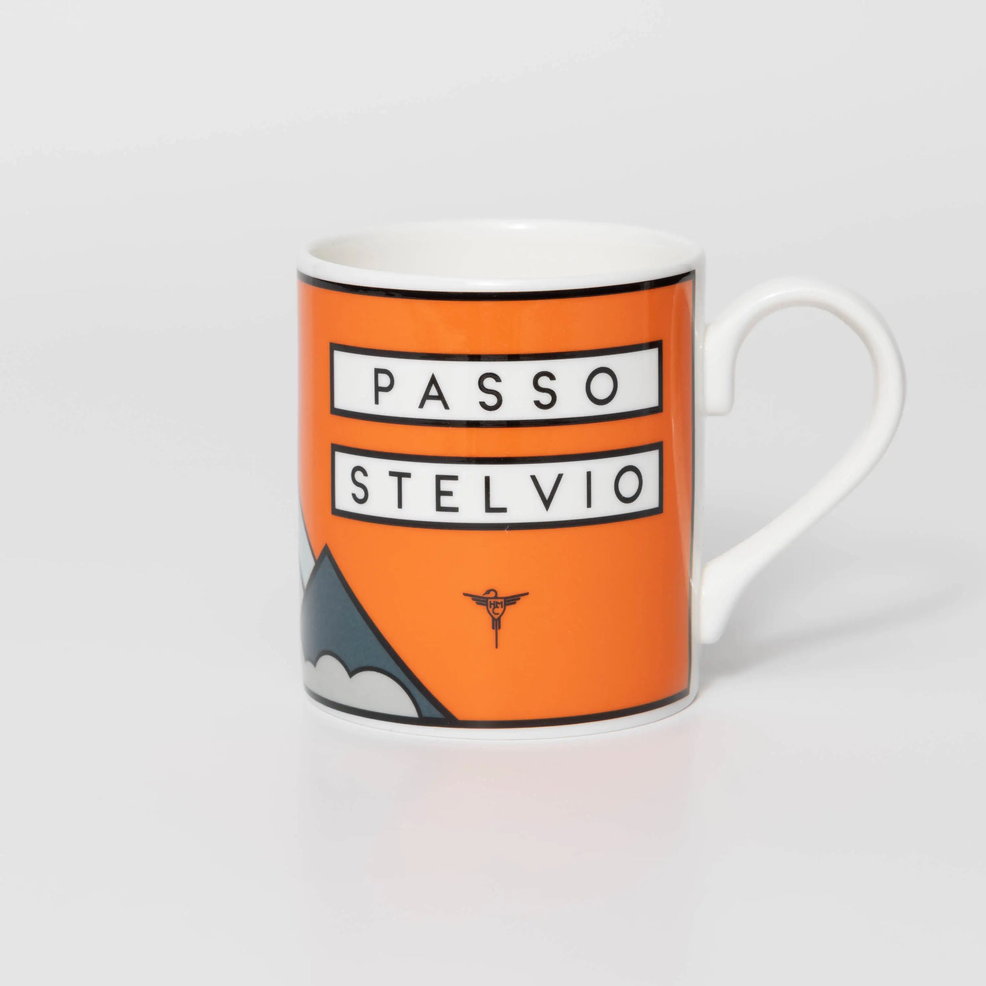 Mug with 'Passo Stelvio' design on an orange background