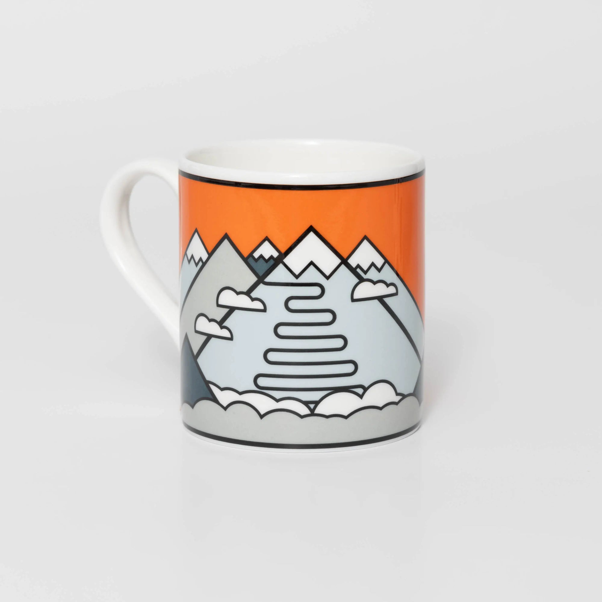 Mug with Italian cyclist destination Stelvio design, features snow-capped mountain and an orange background