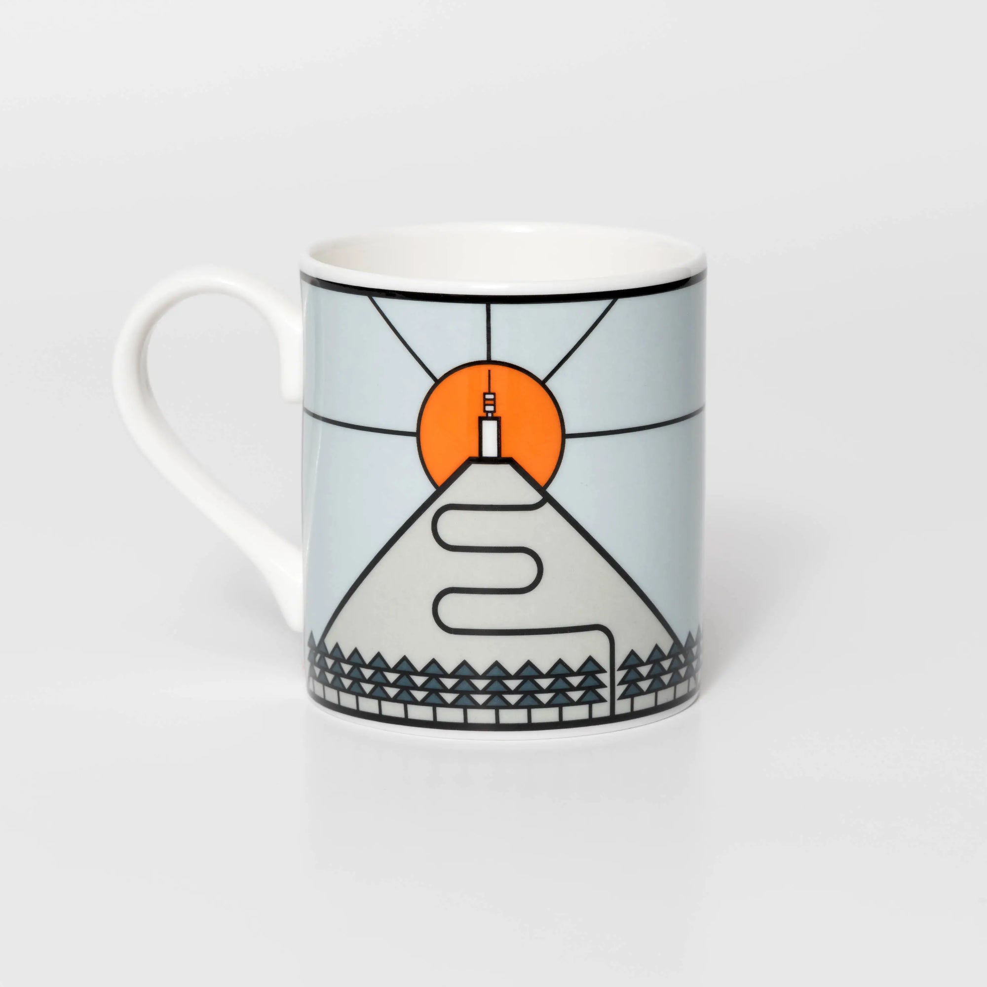 Mug with famous cycling destination Ventoux, design is of mountain and sunset on a white background
