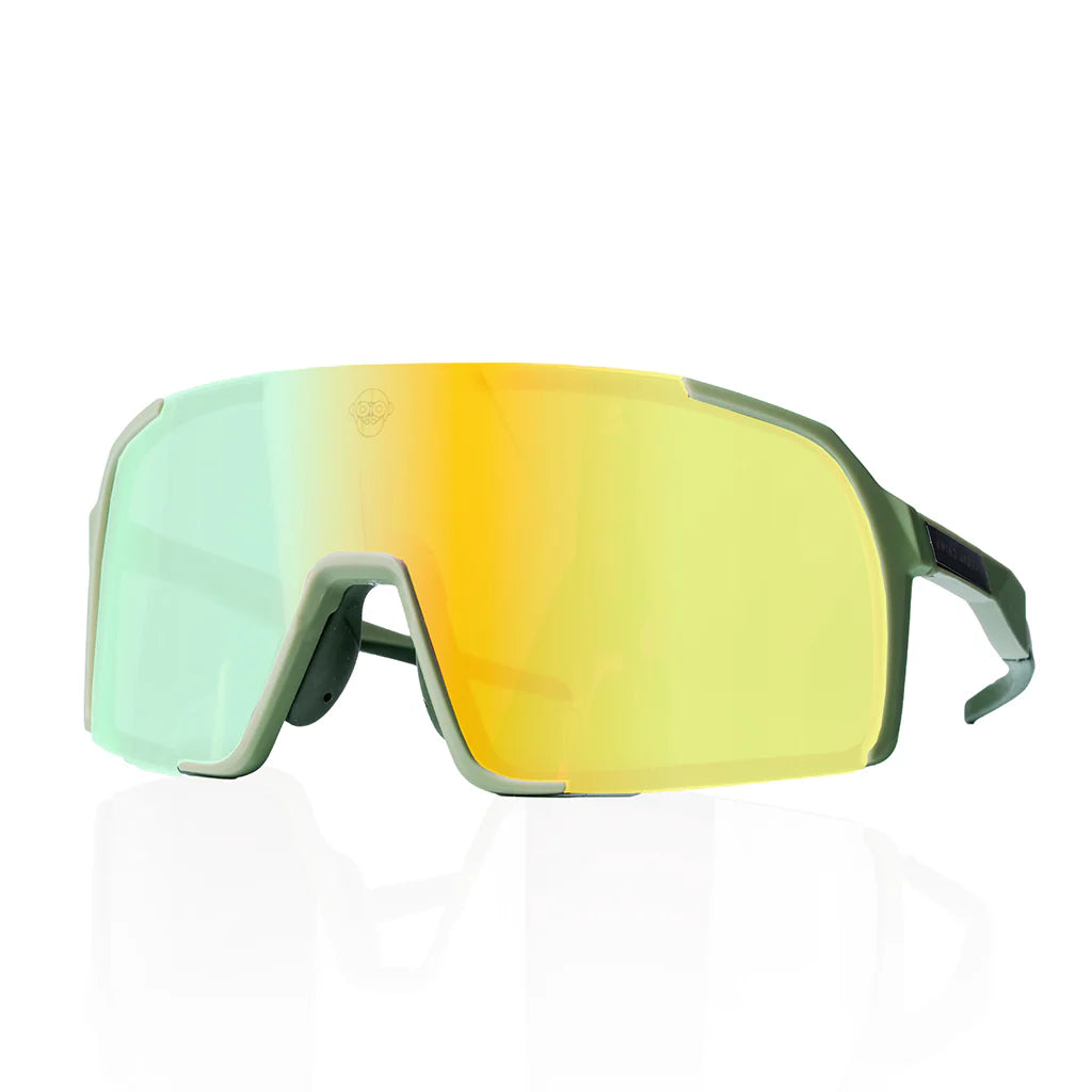 Cycling sunglasses with green and orange reflective lenses on a white background