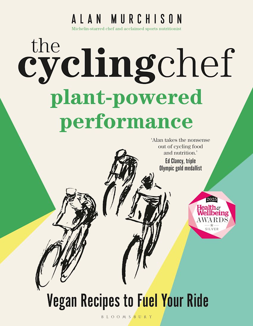 Book cover of 'The Cycling Chef: Plant-Powered Performance' with illustrations of cyclists and a green and yellow design.